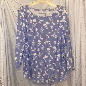 Charter Club 100% Pima Cotton Blue and White Floral Print Blouse in Size XL